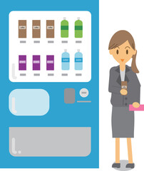 自動販売機で缶コーヒーを買っている休憩中の女性のイラスト