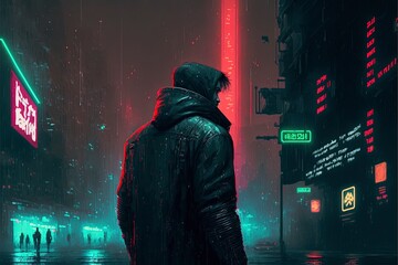 Heavy rain in a cyberpunk city neon lights a dark figure leaning against a wall