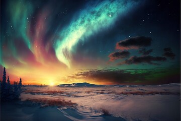 Obraz premium Northern light on the silent field before sun rise