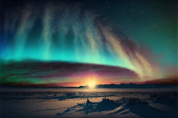 Northern light on the silent field before sun rise