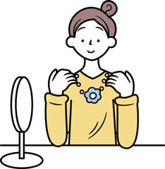 フェアトレードで作られたネックレスを試着する女性客のイラスト素材