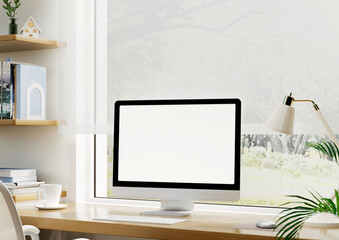 Mockup desktop computer In the warm office at home, there was light coming through the window. with clipping path. 3d rendering