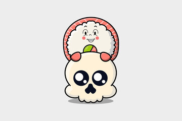 Cute Rice sushi rolls sashimi cartoon character hiding in skull illustration in flat modern design