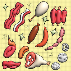 Set of meat doodles. Hand drawn meat background. Pieces of meat and meat products. Food ingredients for cooking illustration