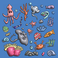Set of ocean animal kawaii isolated on white background. Childish character. Colored flat cartoon vector illustration. 