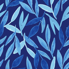 Seamless pattern with blue abstract leaves in watercolor style for wedding invitations, greeting cards and fabric