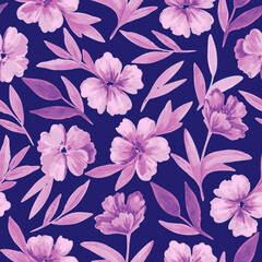 Seamless pattern with purple flowers and leaves in watercolor style for wedding invitations, greeting cards and fabric © Yuliya