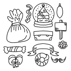 Set of christmas doodles element bundle. christmas tree, sack, sock, decoration, christmas ball, beer, star, christmas globes