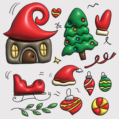 Set of christmas doodles element bundle. christmas tree, sack, sock, decoration, christmas ball, beer, star, christmas globes