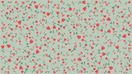 Summer Seamless Pattern with red Roses on a Green Background. For gift wrapping paper,  ornament for cloth, card, wedding, wallpaper, background and textile print. Vector Illustration