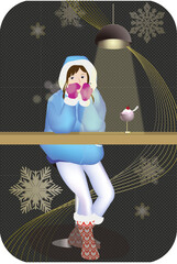 In Winter, girl and snow flakes and ice cream