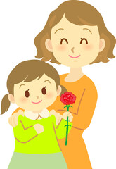 イラスト素材: カーネーションをプレゼントする母娘　マザーズデイ（透過背景）
