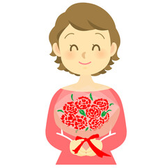 イラスト素材: 母の日にカーネーションをプレゼントする女性　プレゼントを受け取るピンク服のママ（透過背景）