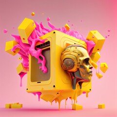 3d design illustration box rendering in yellow and pink, pop album cover art