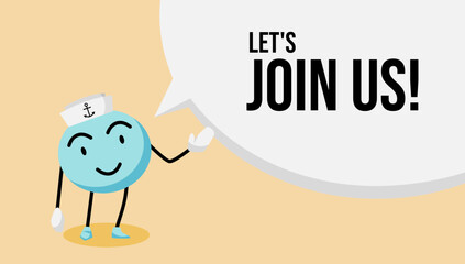 Sailor mascot with invitation bubble text. banner or background template for promotion, announcement, and marketing. Grand opening small business.