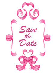 Watercolor hand-drawn invitation card template with pink ribbons for anniversary, wedding, birthday on transparent background