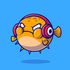 Cute Puffer Fish Angry And Wearing Headphone Cartoon  Vector Icon Illustration. Animal Technology Icon Concept  Isolated Premium Vector. Flat Cartoon Style © catalyststuff