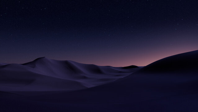 Undulating Sand Dunes form a Beautiful Desert Landscape. Dusk Background with Pink Gradient Starry Sky.