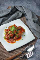 Pork Ribs in Red Sauce Delicious Chinese Food Served in a Chinese restaurant in Thailand.