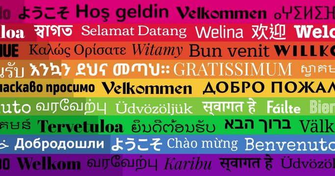 Loop animation of "Welcome" Greeting Sliding Messages in World Different Written Languages, Black and White Texts on Rainbow Pride Color Background for Digital Display Travel Welcoming Board