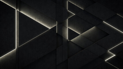 Dark, Concrete wall background, with integrated White light strips. Geometric Tech Wallpaper with Illuminated, Futuristic, 3D Blocks. 3D render