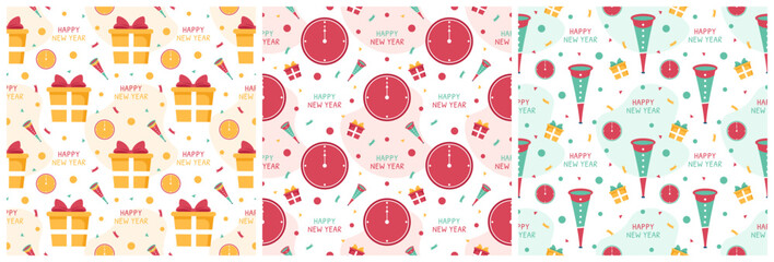 Set of Happy New Year 2023 Seamless Pattern Design with Decoration in Template Hand Drawn Cartoon Flat Illustration