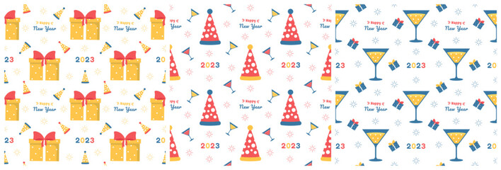 Fototapeta na wymiar Set of Happy New Year 2023 Seamless Pattern Design with Decoration in Template Hand Drawn Cartoon Flat Illustration