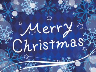メリークリスマスの手書き文字入りカード　横位置　ブルー系