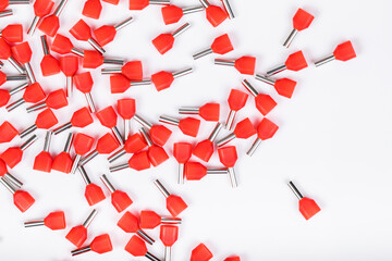 Cable terminal, Top view of insulated twin cord terminals wire connector isolated on white background.