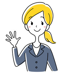 5のハンドサインをするスーツの女性