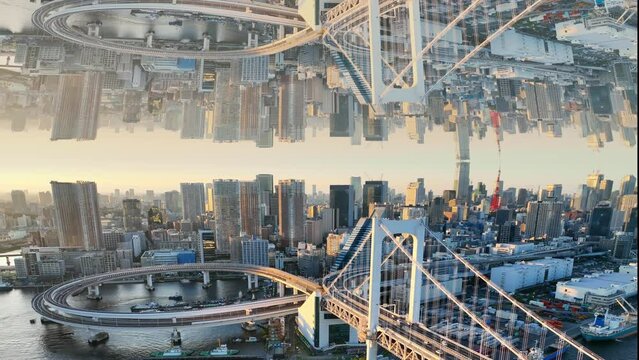 Futuristic Aerial View of Tokyo. Surreal view of high rise city. Parallel Dimension Inception Style Mirror Effect. Metaverse, Multiverse.