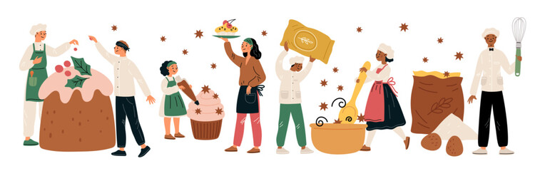 Confectioner characters. Sweets and desserts makers. People in hats and uniforms. Cookers with ingredients. Persons cooking cakes and muffins. Dough confectioneries. Garish vector set