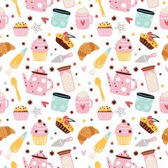 Confectionery seamless pattern. Pastries and sweet desserts. Kitchen ingredients and accessories. Sugar products. Culinary print design. Muffins and croissants. Garish vector background