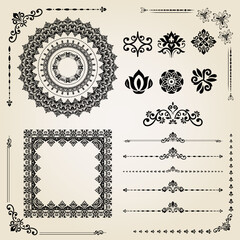 Vintage set of black vector horizontal, square and round elements. Elements for backgrounds and frames. Classic patterns. Set of vintage patterns