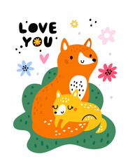 Funny fox card. Nordic kids style animals. Cartoon forest wildlife characters. Foxy family in meadow. Loving mom and cub. Hugging cute vixens. Woodland fauna. Vector Scandinavian banner