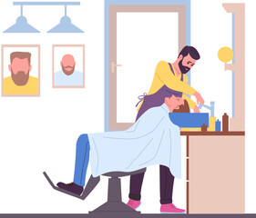 People in beauty haircutting salon. Barbershop interior with male customer and hairdresser. Barber washing hair to client. Hairstylist making haircut. Hairdressing guy. Vector illustration