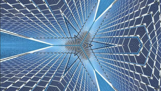 Surreal dream of meta universe, parallel dimension or cyber space, hi tech background of solar panels with inception style mirror effect