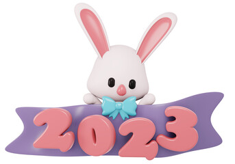 3D Render New Year 2023 number with cute rabbit zodiac cartoon style isolated on white. 3D Render illustration.