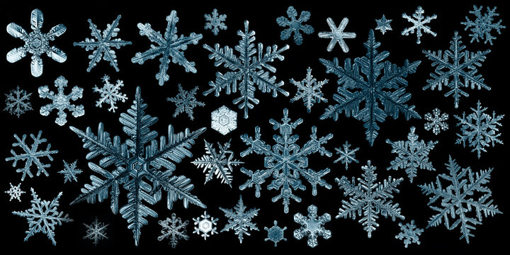snowflakes isolate black background, abstract ornament winter wallpaper design snowflake natural photo