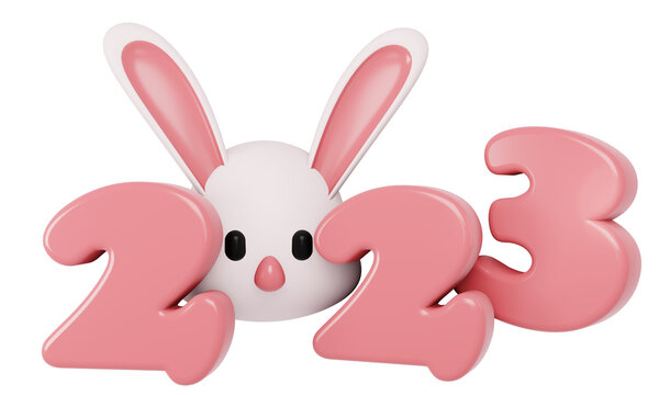 3D Render New Year 2023 number with cute rabbit zodiac cartoon style isolated on white. 3D Render illustration.