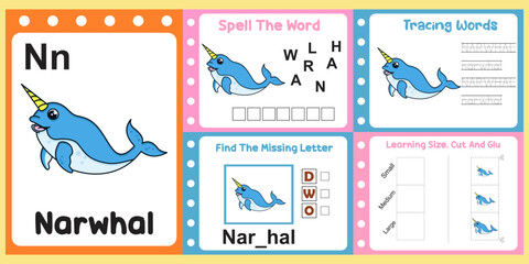 worksheets pack for kids with narwhal. fun learning for children
