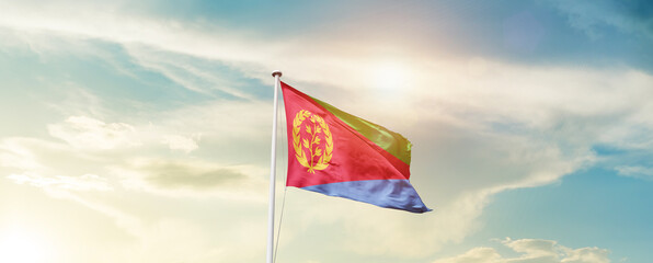 Waving Flag of Eritrea with beautiful Sky.