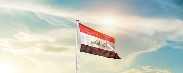 Waving Flag of Iraq with beautiful Sky.