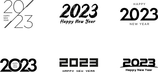 Set of 2023 Happy New Year logo text design. Collection of 2023 Happy New Year design templates. Vector illustration with black labels isolated on white background.