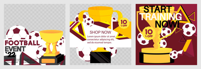 Colorful Football sport banner template design. Special event, sports Poster with balls and award cups. Vector illustration.