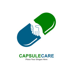 Capsule care vector logo template. Suitable for business, health and hand symbol