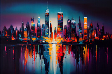 Abstract oil painting of the city skyline - obrazy, fototapety, plakaty
