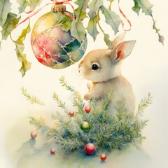baby bunny under christmas tree