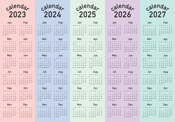2023 2024 2025 2026 2027 calendar year vector design template, simple and clean design
