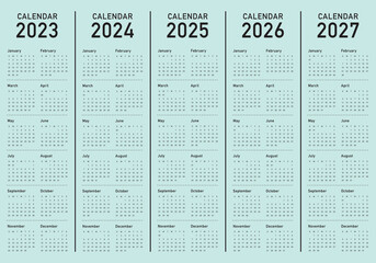 2023 2024 2025 2026 2027 calendar year vector design template, simple and clean design - obrazy, fototapety, plakaty